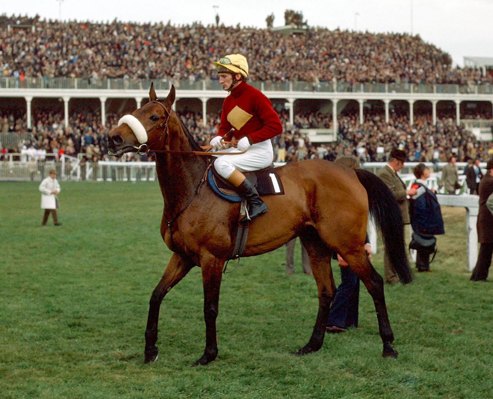 Red Rum mit Jockey Tommy Stack vor dem Rennen auf Aintree 1976.